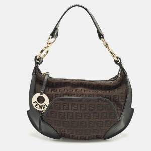Pre Owned Fendi Pocket Chef Black/Brown Zucchino Fabric and Leather Hobo