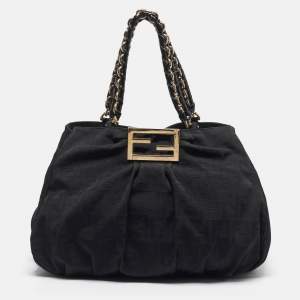 Pre Owned حقيبة كتف فندي ميا كبيرة قماش زوكا جلد وبراءات جلدية سوداء