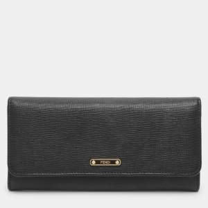 Pre Owned Fendi Black Leather Flap Continental Wallet