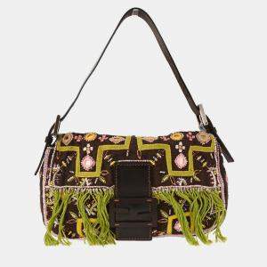 Pre Owned Fendi Brown Cotton Beaded Embroidered Baguette Handbag