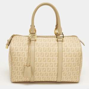 Pre Owned Fendi Forever Bauletto Medium Beige Zucchino Spalmati Canvas Boston Bag