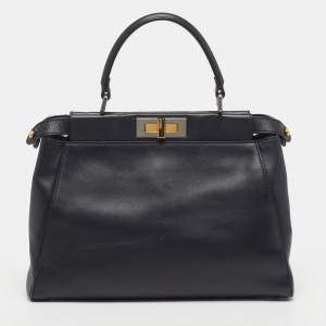 Pre Owned Fendi Peekaboo Regular Black Leather Top Handle Bag w/Peekaboo Defender Cover
