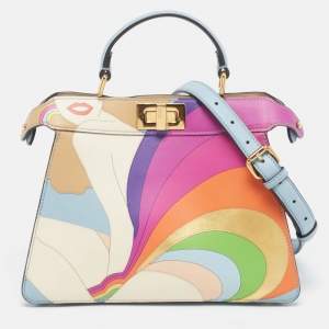 Pre Owned Fendi Peekaboo Iseeu Girl Inlay Small Light Blue/Multicolor Leather Top Handle Bag