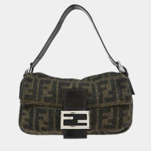 Pre Owned Fendi Brown Wool Baguette Handbag