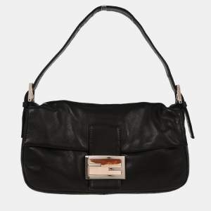 Pre Owned Fendi Black Lambskin Baguette Handbag