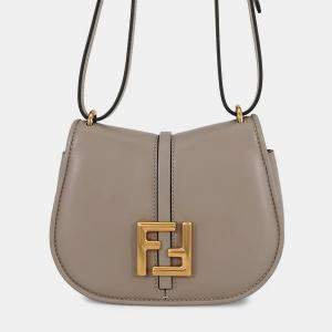 Pre Owned Fendi C'Mon Shoulder Bag Greige Leather Size Small