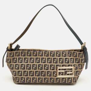 Pre Owned Fendi FF Baguette Navy Blue/Beige Zucchino Canvas and Leather Pochette Bag