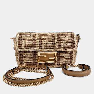 Pre Owned Fendi Beige Brown Raffia Raffia Baguette Mini