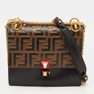 مملوكة مسبقًا Fendi Kan I Medium Black/Brown Zucca Embossed Leather Shoulder Bag