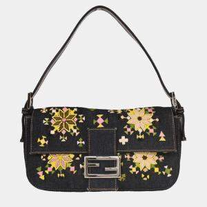 مملوكة مسبقًا Fendi Navy Denim Beaded Baguette Handbag