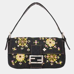 Pre Owned Fendi Navy Denim Beaded Baguette Handbag