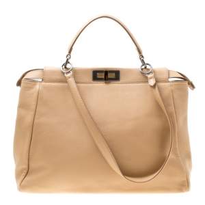 Pre Owned Fendi Beige Leather Large Peekaboo Top Handle Bag