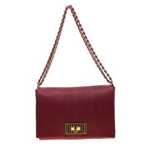 Pre Owned Fendi Red Leather Large Claudia Shoulder Bag 