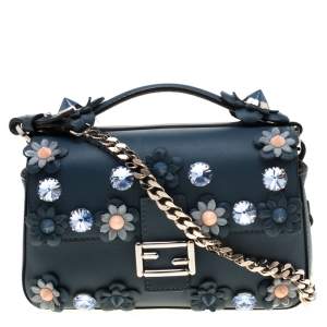 Pre Owned Fendi Blue Flowerland Leather Double Micro Baguette Bag
