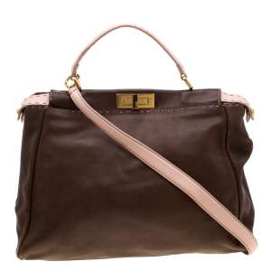 Pre Owned Fendi Brown/Pink Selleria Leather Large Peekaboo Top Handle Bag