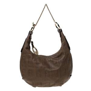 Pre Owned Fendi Brown/Black Stripe  Perforated Leather Chef Chain Hobo 