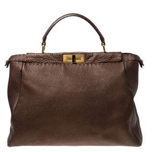 Pre Owned Fendi Metallic Brown Selleria Leather Large Peekaboo Top Handle Bag
