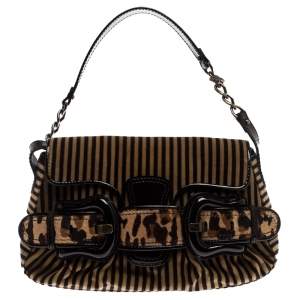 Pre Owned Fendi Brown/Black Striped Velvet and Calfhair B Bis Shoulder Bag
