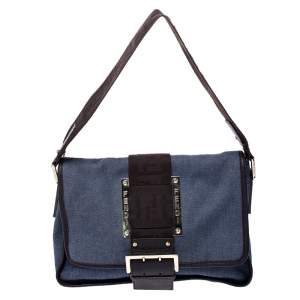 Pre Owned Fendi Blue Canvas and Leather Borsa Tape Shoulder Bag
