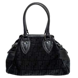 Pre Owned Fendi Black Zucchino Jacquard Etniko Satchel