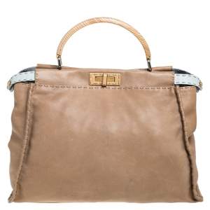 Pre Owned Fendi Beige Leather Large Selleria Peekaboo Top Handle Bag