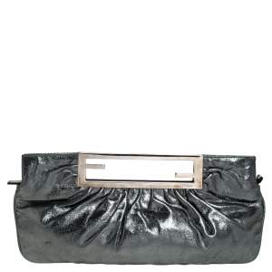 Pre Owned Fendi Metallic Grey Leather Cutout Handle Clutch