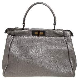 Pre Owned Fendi Metallic Grey Selleria Leather Medium Peekaboo Top Handle Bag