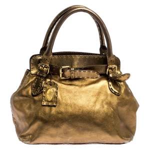 Pre Owned Fendi Gold Leather Selleria Villa Borghese Satchel