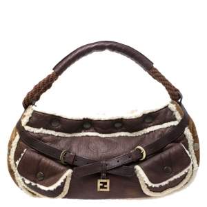 Pre Owned Fendi Brown Leather and Suede Shearling Hobo