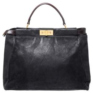 Pre Owned Fendi Black Nubuck Leather Large Peekaboo Top Handle Bag