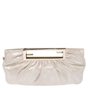 Pre Owned Fendi Metallic Beige Leather Cutout Handle Clutch