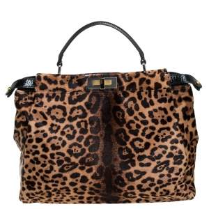 Pre Owned Fendi Brown/Black Calfhair and Patent Leather Large Peekaboo Top Handle Bag