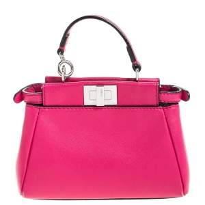 Pre Owned Fendi Magenta Leather Micro Peekaboo Top Handle Bag