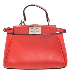 Pre Owned Fendi Coral Orange Leather Micro Peekaboo Top Handle Bag
