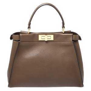 Pre Owned Fendi Brown Leather Medium Peekaboo Top Handle Bag