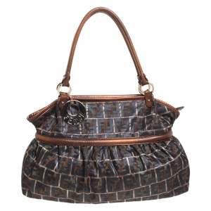 Pre Owned Fendi Brown/Black Zuccha Lame Fabric and Leather Chef Tote