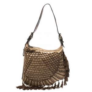 Pre Owned Fendi Brown Lizard,Suede and Leather Tassel Fringe Oyster Hobo 