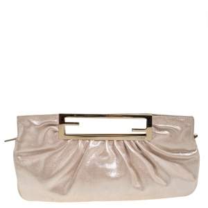 Pre Owned Fendi Metallic Beige Leather Cutout Handle Clutch