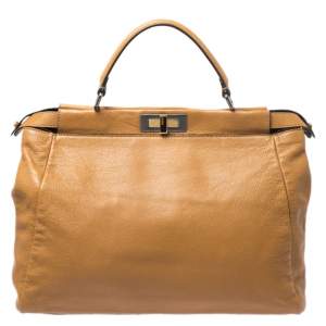 Pre Owned Fendi Tan Leather Large Peekaboo Top Handle Bag