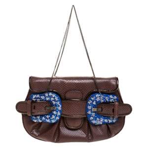 Pre Owned Fendi Brown Watersnake and Beads B Bis Chain Clutch