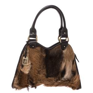 Pre Owned Fendi Brown Calfhair and Leather Devil Trapezio Shoulder Bag