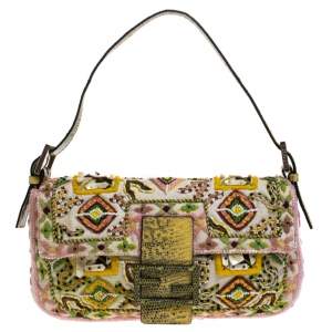 Pre Owned Fendi Multicolor Canvas and Lizard Embroidered Bageutte