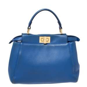 Pre Owned Fendi Blue Leather Mini Peekaboo Top Handle Bag
