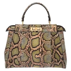 Pre Owned Fendi Tri Color Python Medium Peekaboo Top Handle Bag