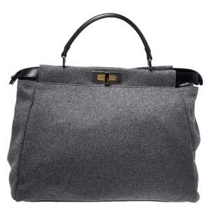 Pre Owned Fendi Grey Felt Fabric Large Peekaboo Top Handle Bag