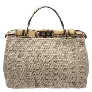 Pre Owned Fendi Beige Raffia and Python Large Peekaboo Top Handle Bag