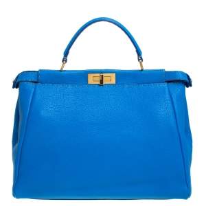 Pre Owned Fendi Blue Selleria Leather Large Peekaboo Top Handle Bag