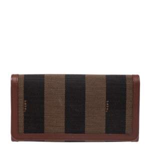 Pre Owned Fendi Brown Pequin Stripe Canvas and Leather Flap Continental Wallet