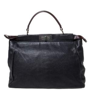 Pre Owned Fendi Black Leather with Suede/Beads and Python Lining Large Peekaboo Top Handle Bag