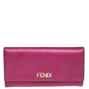 Pre Owned Fendi Magenta Leather Logo Flap Continental Wallet